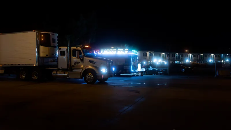 Semi truck with a refrigerated trailer parked in a dark lot at night beside a lit motel