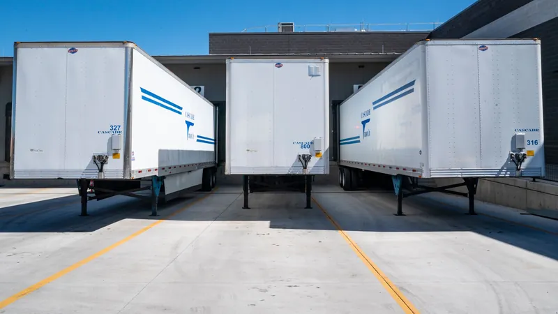 Three white cargo trailers backed up to a warehouse loading dock