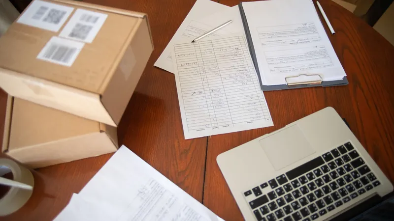 Desk with a laptop, shipping paperwork and cardboard boxes